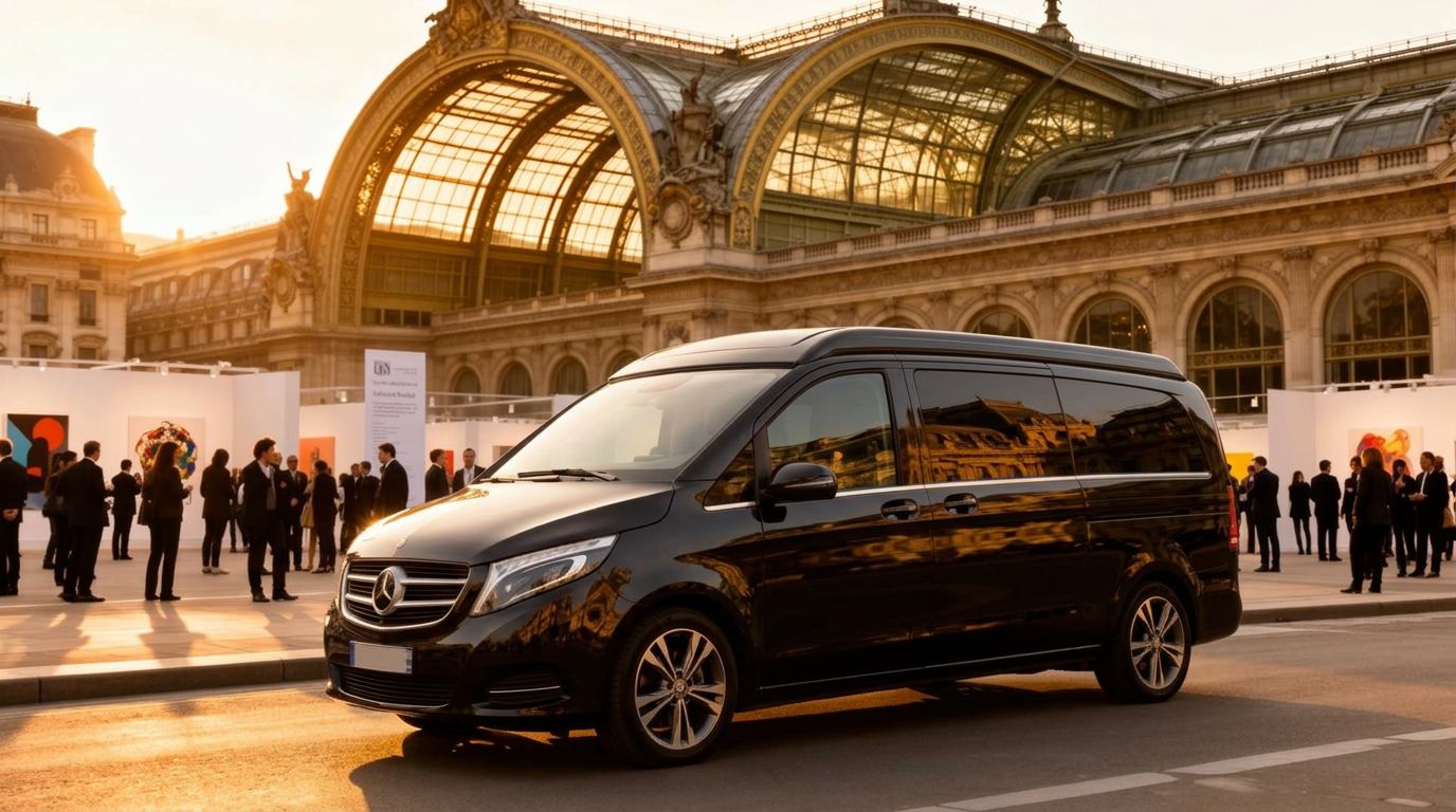 Private chauffeur Mercedes in front of the Grand Palais Paris for Art Paris