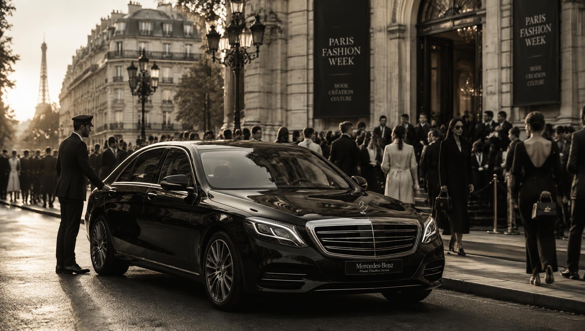 Private chauffeur Mercedes on a Paris boulevard during Fashion Week