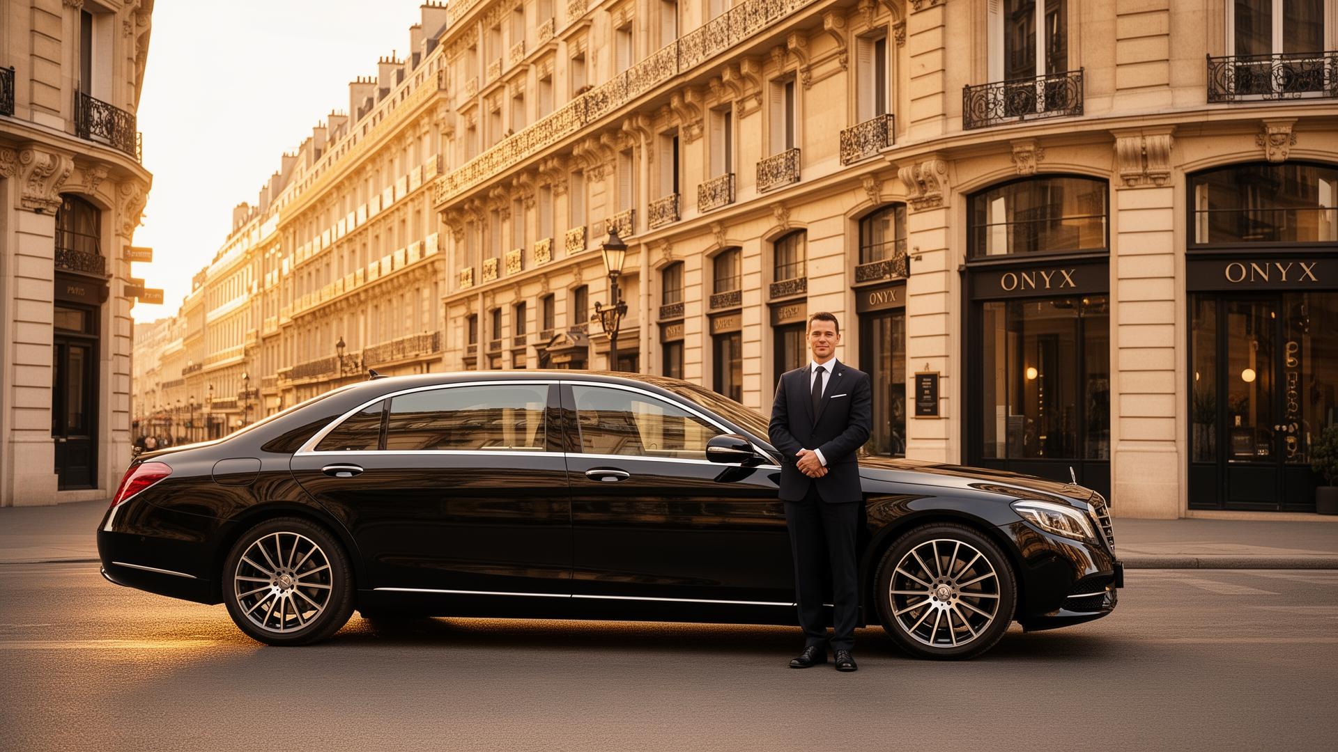 ONYX Paris luxury VTC service — Mercedes in front of Parisian storefront