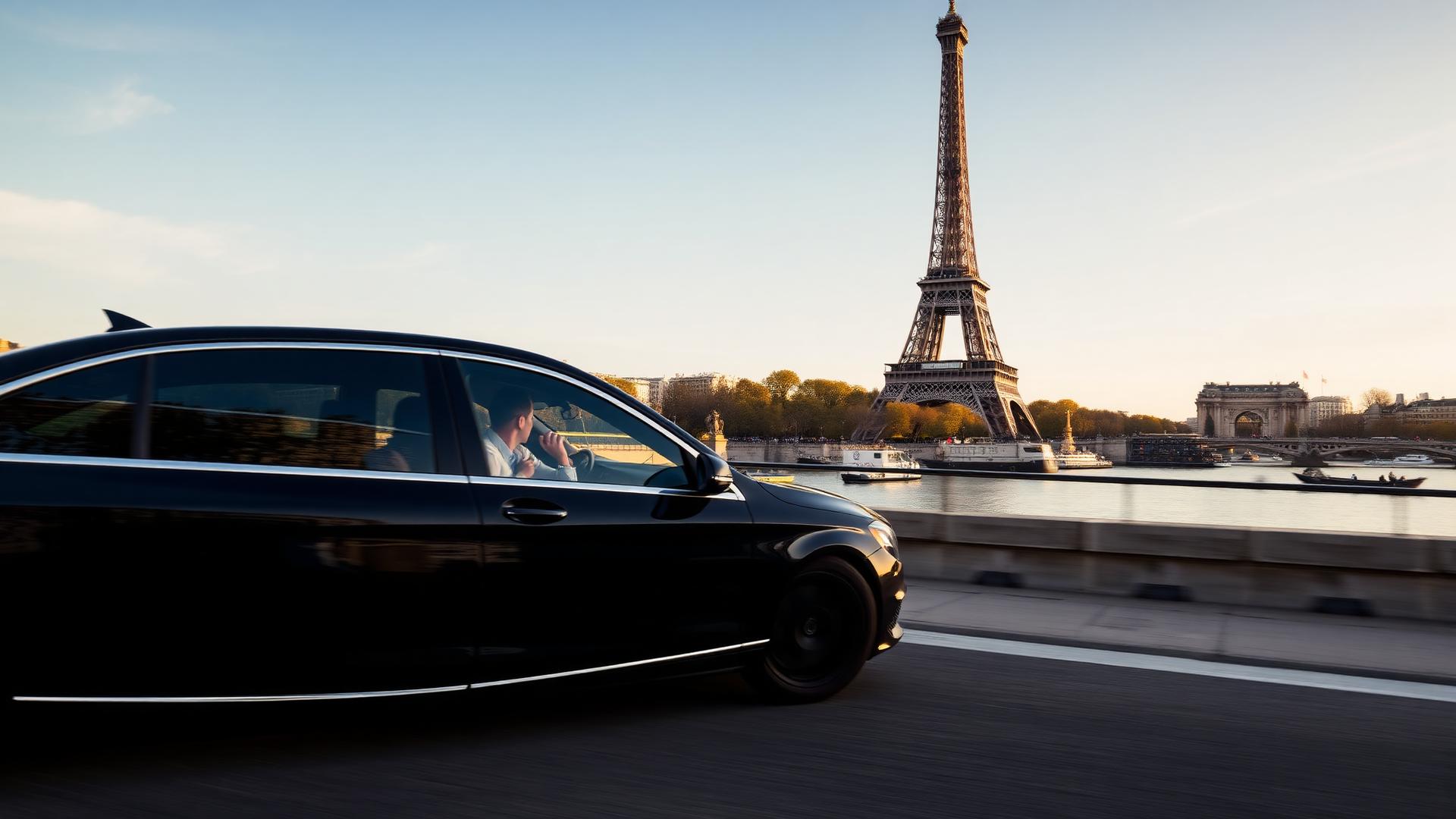 Mercedes driving past Eiffel Tower in Paris