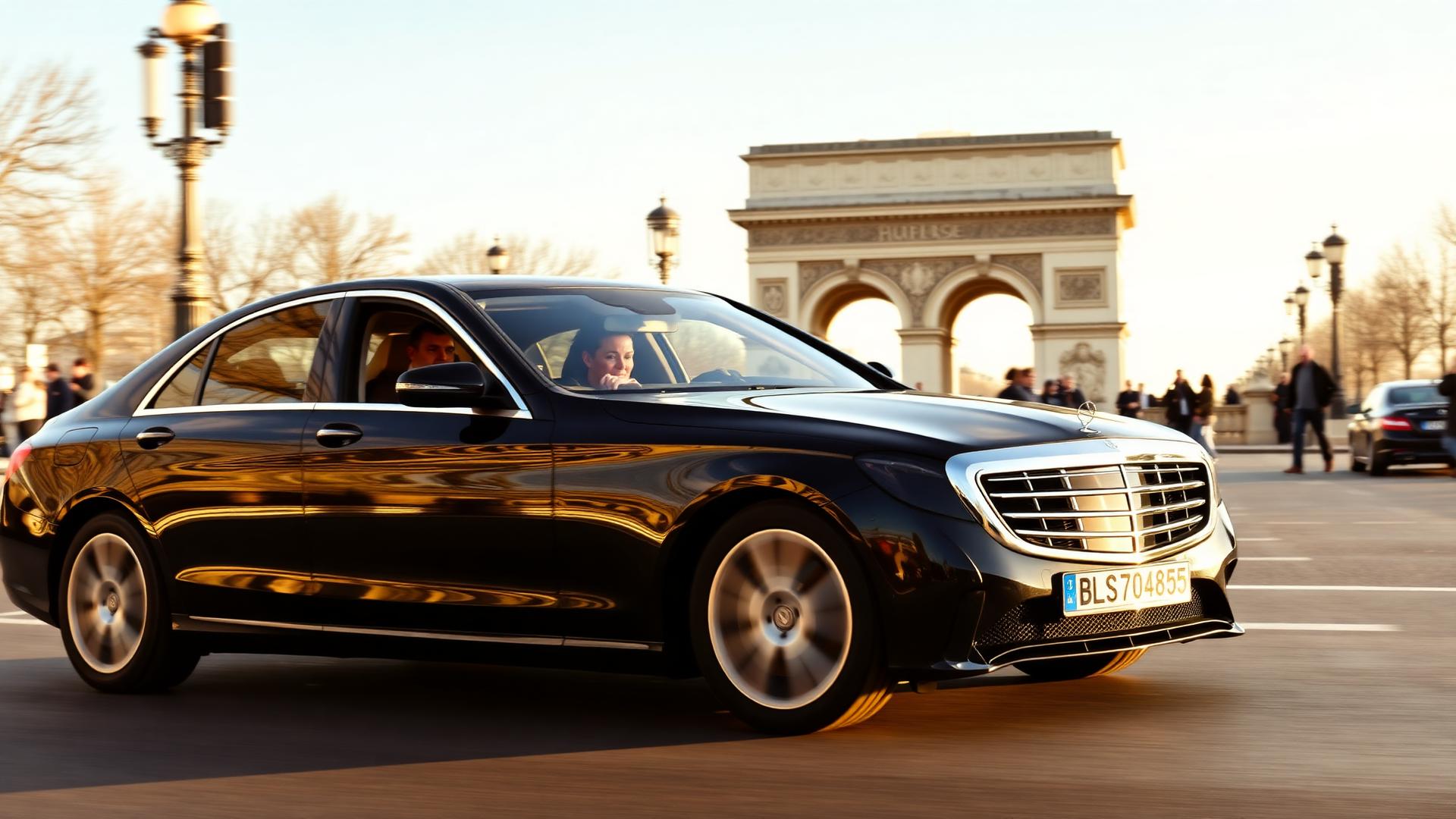 Mercedes on Champs-Élysées with Arc de Triomphe