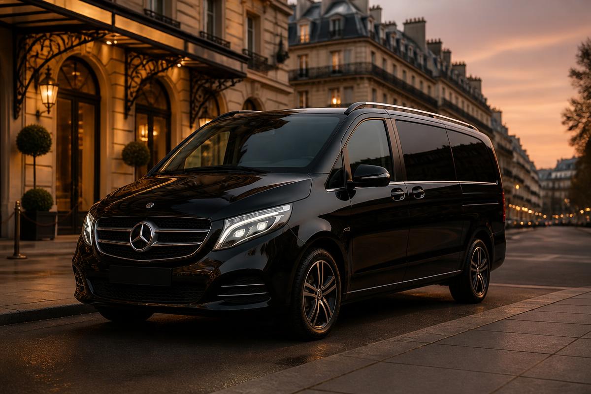 Mercedes Classe V noire avec chauffeur privé devant un palace parisien