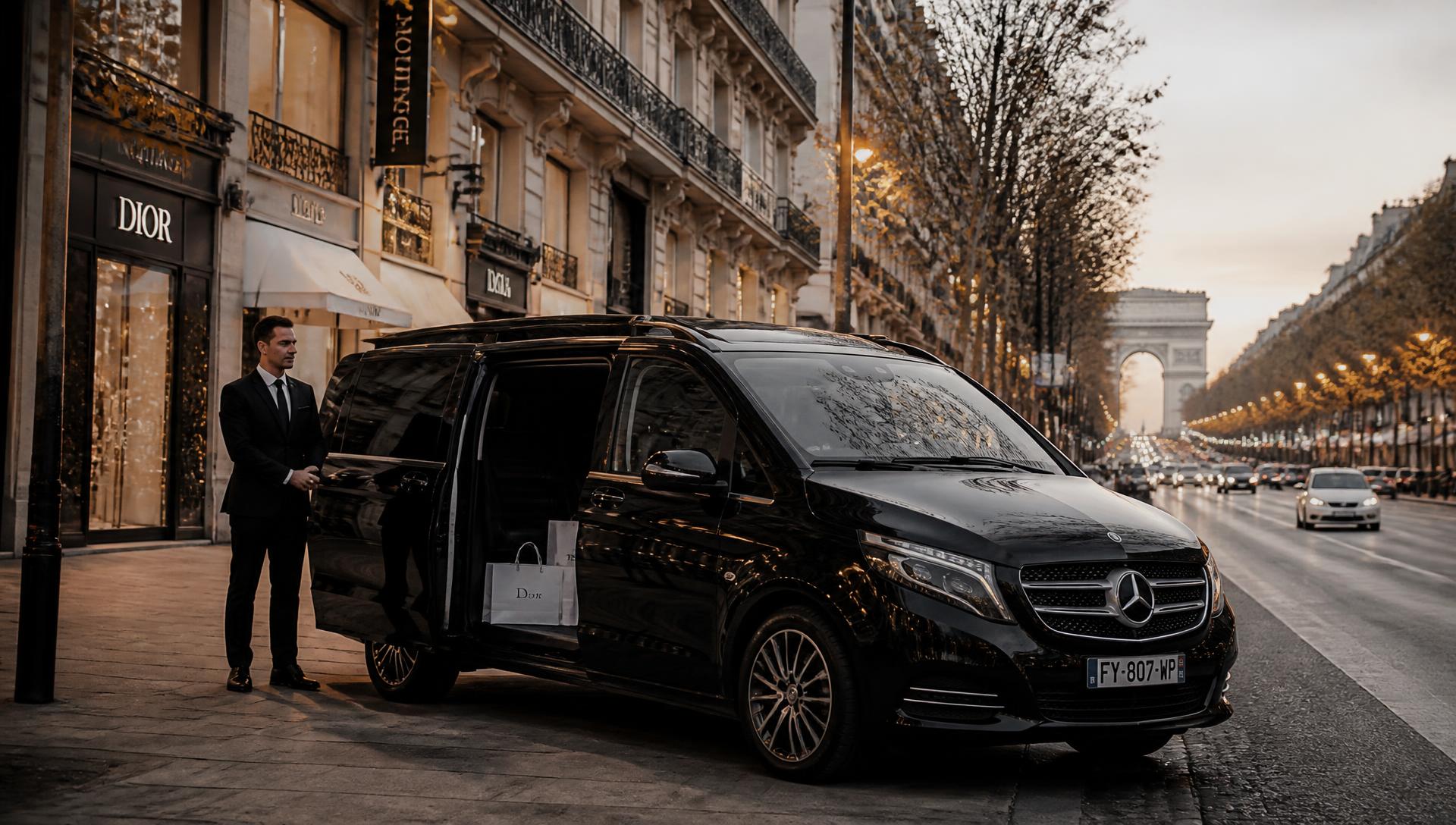 Chauffeur privé Mercedes Classe V sur les Champs-Élysées pour shopping à Paris